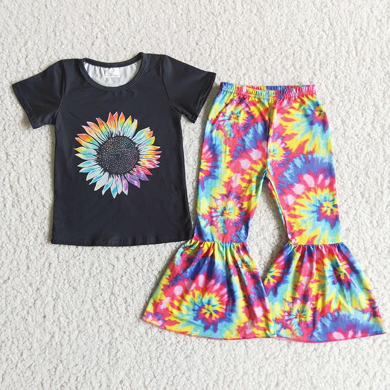 Clearance A6-24 Sunflower Black Tie Dye Girls Short Sleeve Bell Bottom Pants Outfits