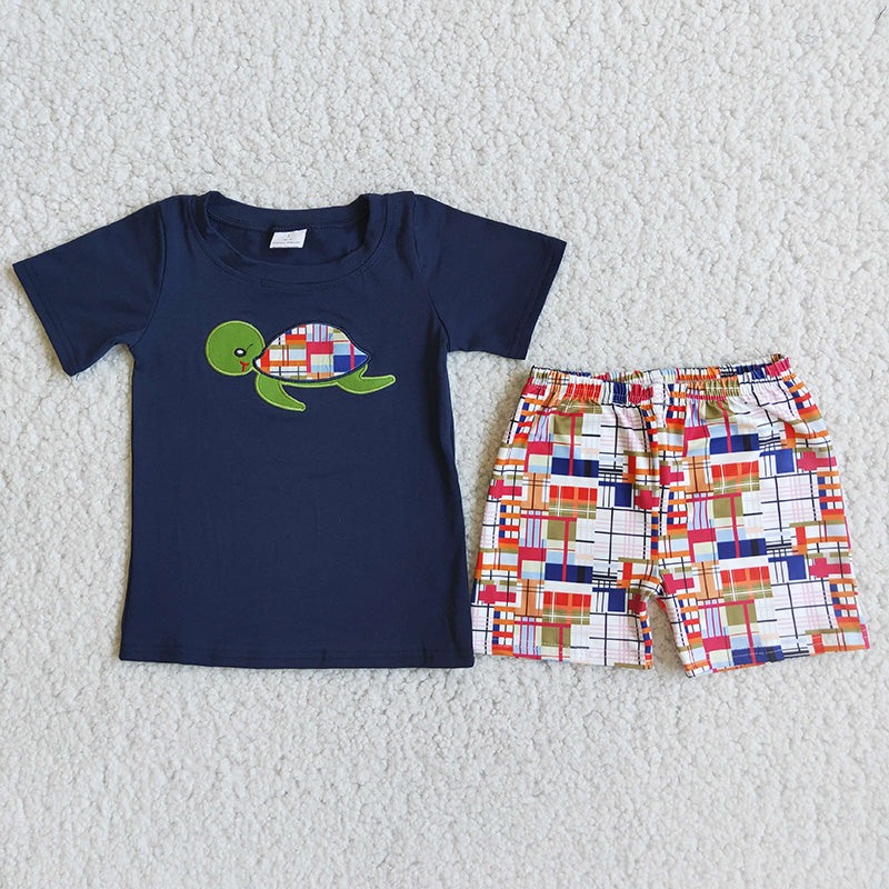 D5-12 Blue Plaid Embroider Turtle Boys Short Sleeve Shorts Outfits