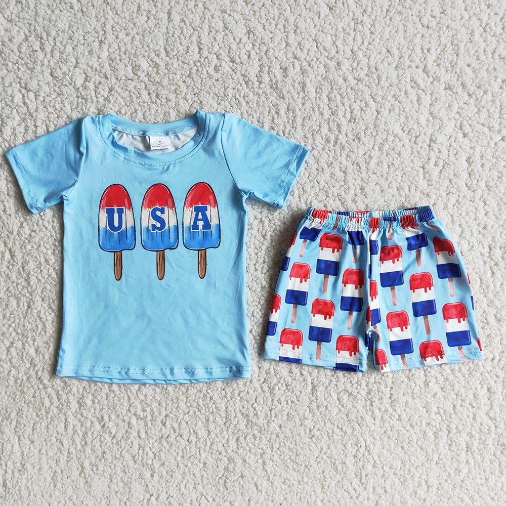 D7-15 4th Of July Blue Ice Popsicle USA Boys Short Sleeve Shorts Outfits