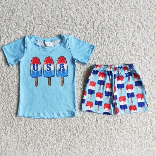 D7-15 4th Of July Blue Ice Popsicle USA Boys Short Sleeve Shorts Outfits