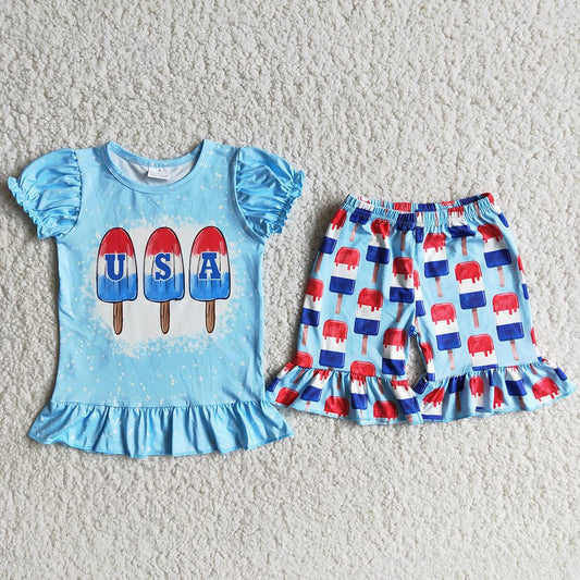 D9-29 4th Of July Blue USA Girls Short Sleeve Shorts Outfits