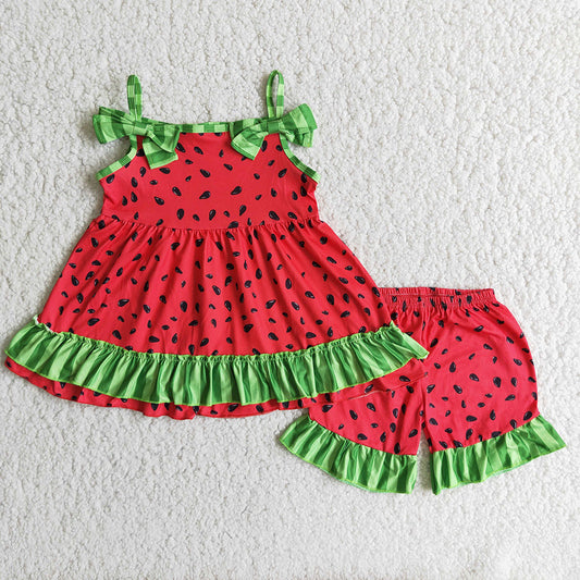 D7-30 Watermelon Red Green Girls Short Sleeve Shorts Outfits