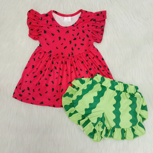 D6-28 Watermelon Red Green Girls Flutter Sleeve Shorts Outfits