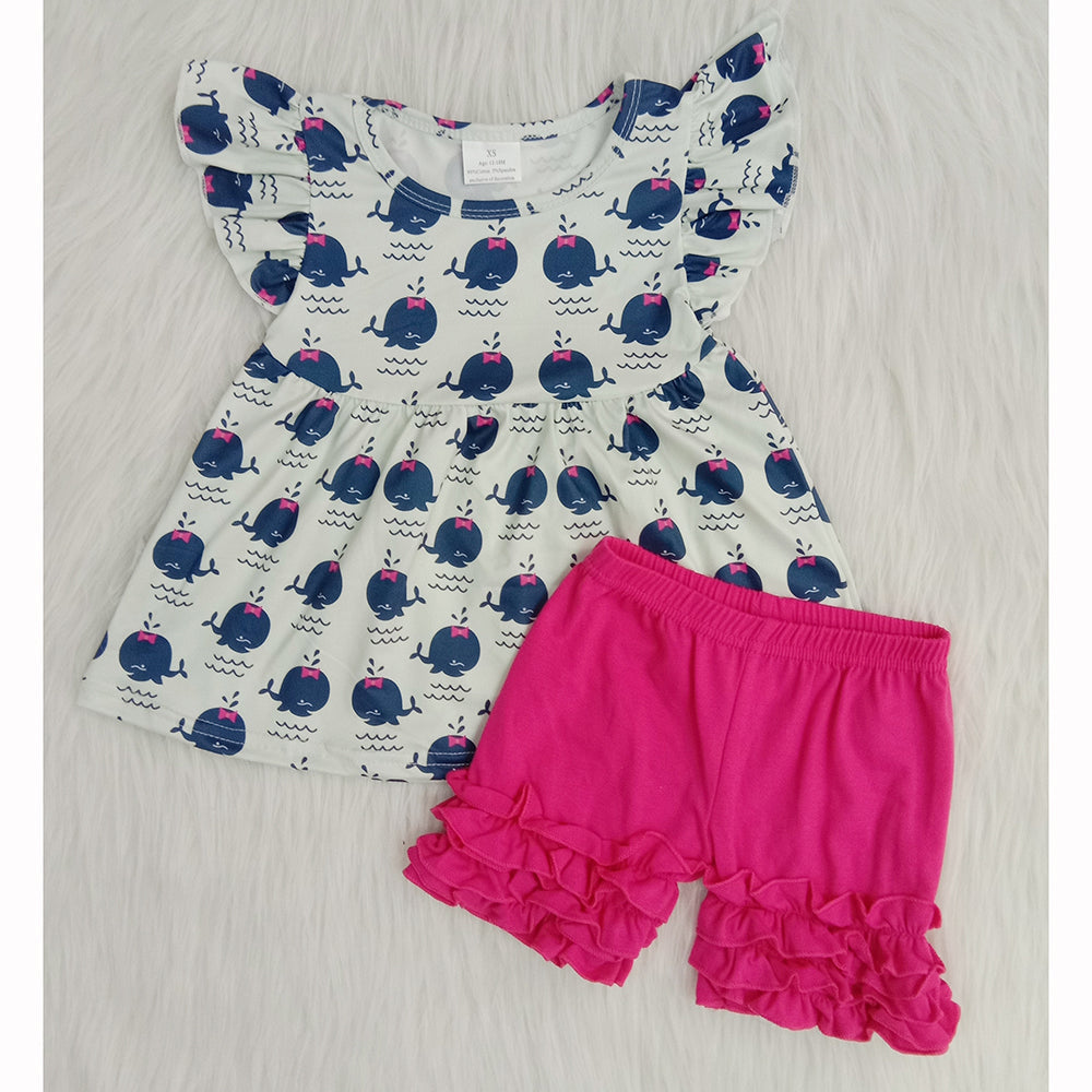 Whale Print Cute Baby Girls Hot Pink Summer Set