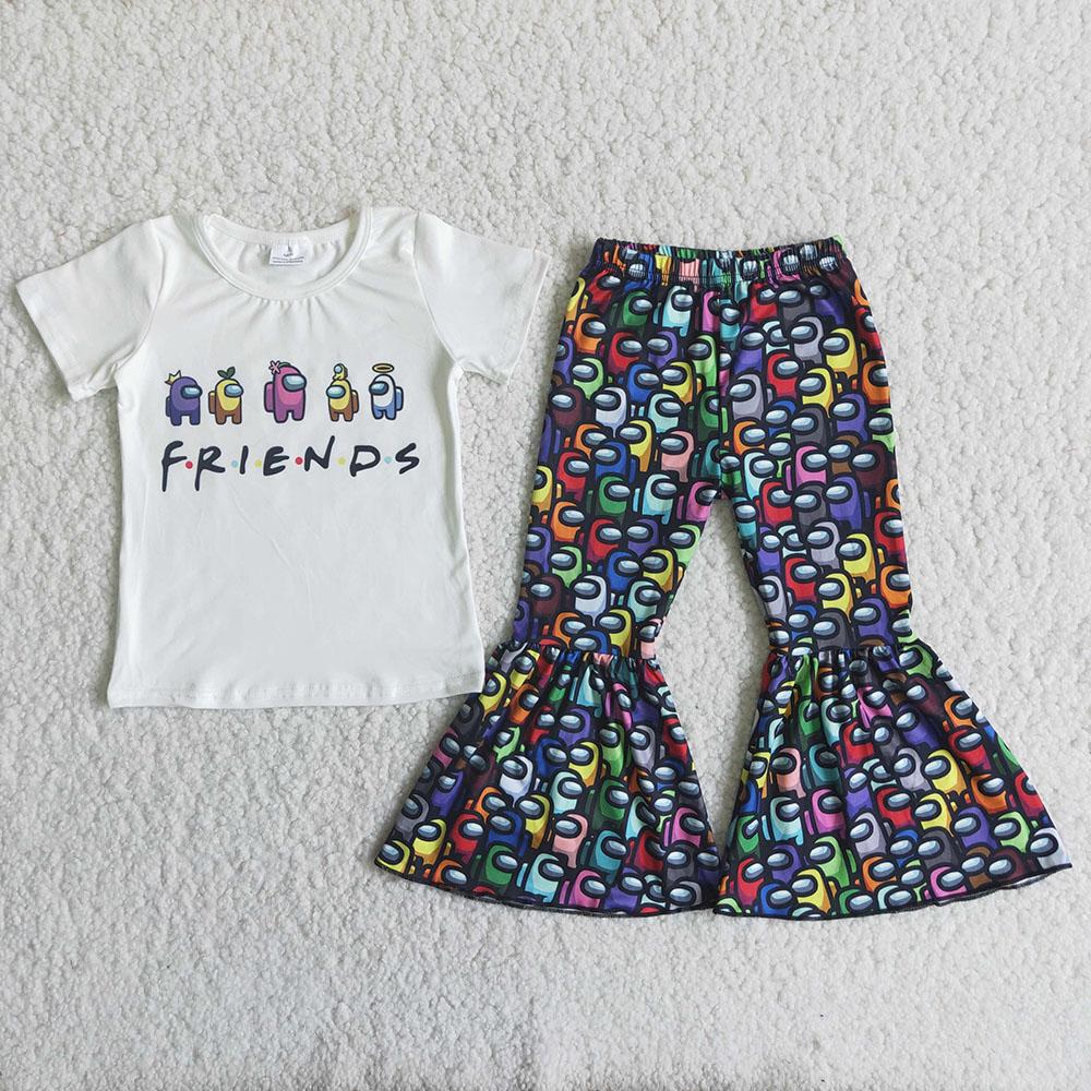 Clearance C15-20 Friends Among Game Blue Cartoon Girls Short Sleeve Bell Bottom Pants Outfits