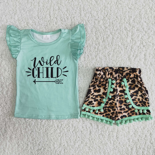 Clearance A15-24 Wild Child Green Leopard Print Girls Short Sleeve Shorts Outfits